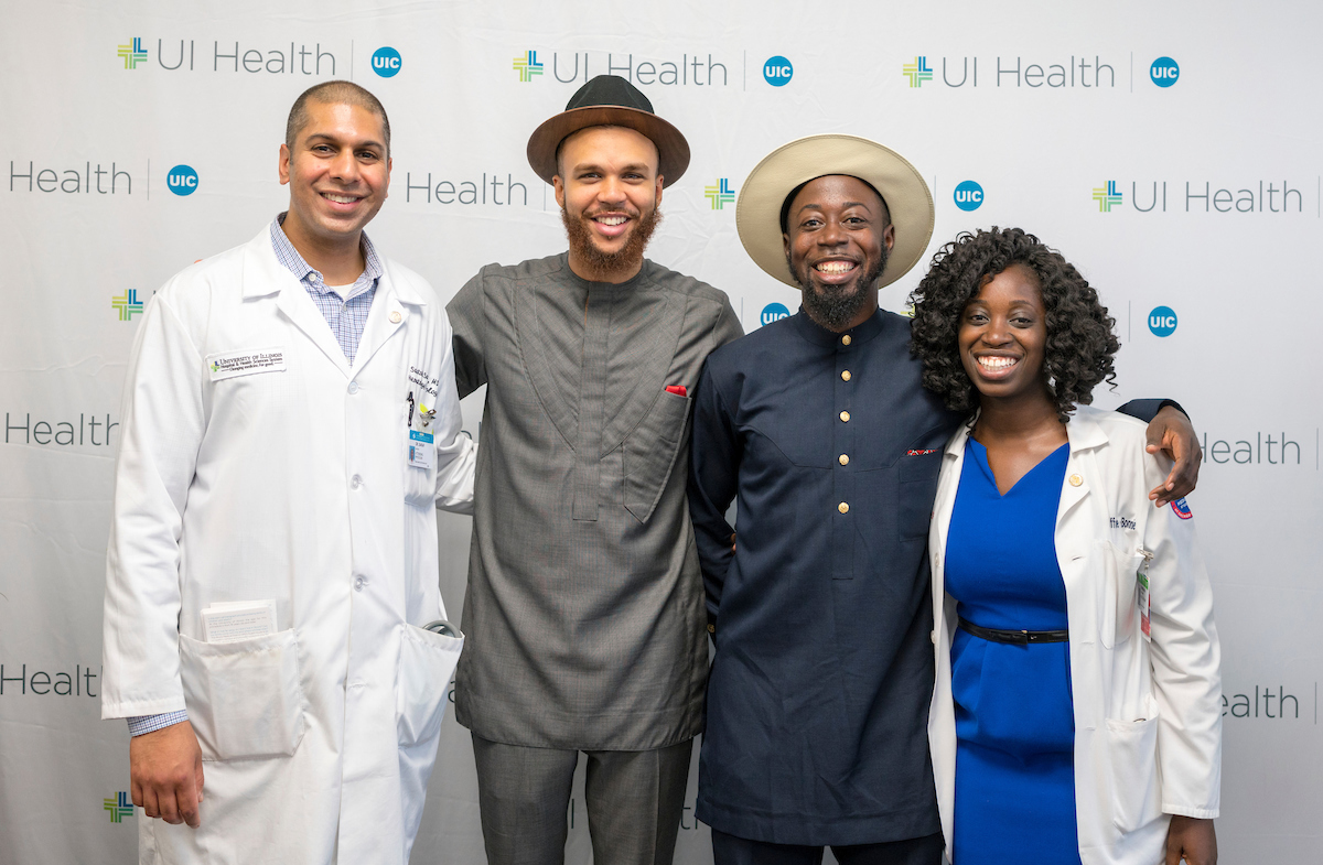 Dr. Santosh Saraf, Jidenna, Nana Kwabena, and UIC medical student Ama Baffoe-Barrie