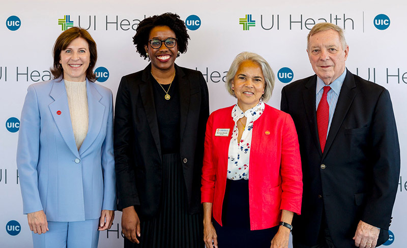 Dr. Rachel Caskey, U.S. Rep. Lauren Underwood, Chancellor Marie Lynn Miranda and U.S. Sen. Dick Durbin.